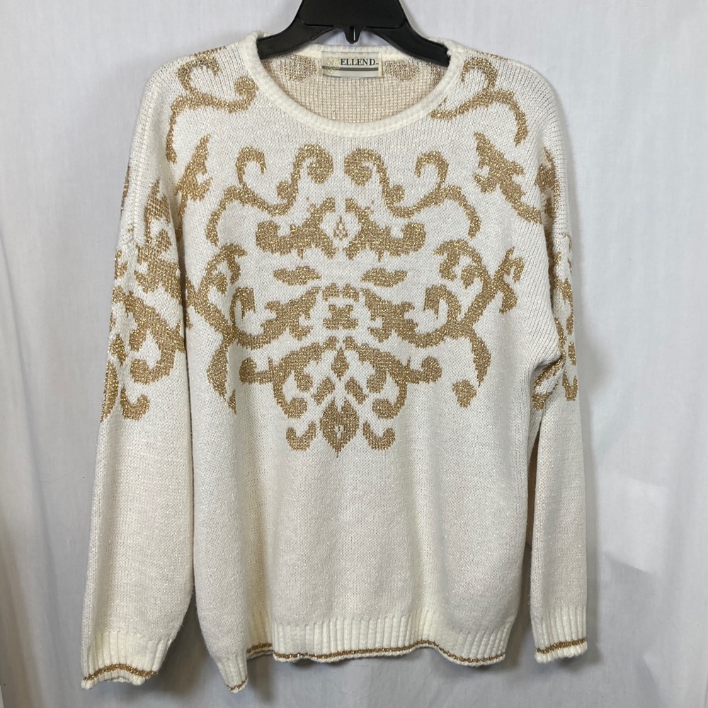 VTG 80s ELLEN D Women's White/Cream Gold Metallic Lurex Christmas Sweater Sz L